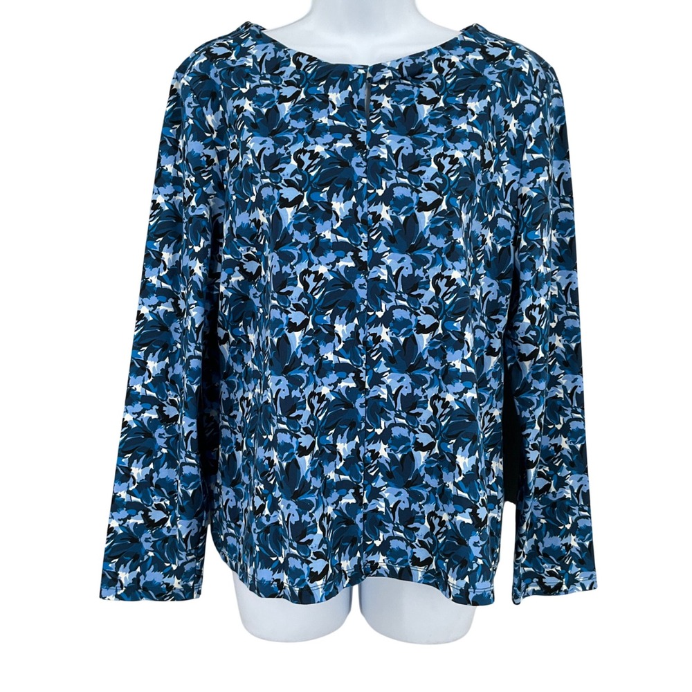 Talbots Floral Top Womens Sz L Blue Cotton Blend Keyhole Classic Preppy Office
